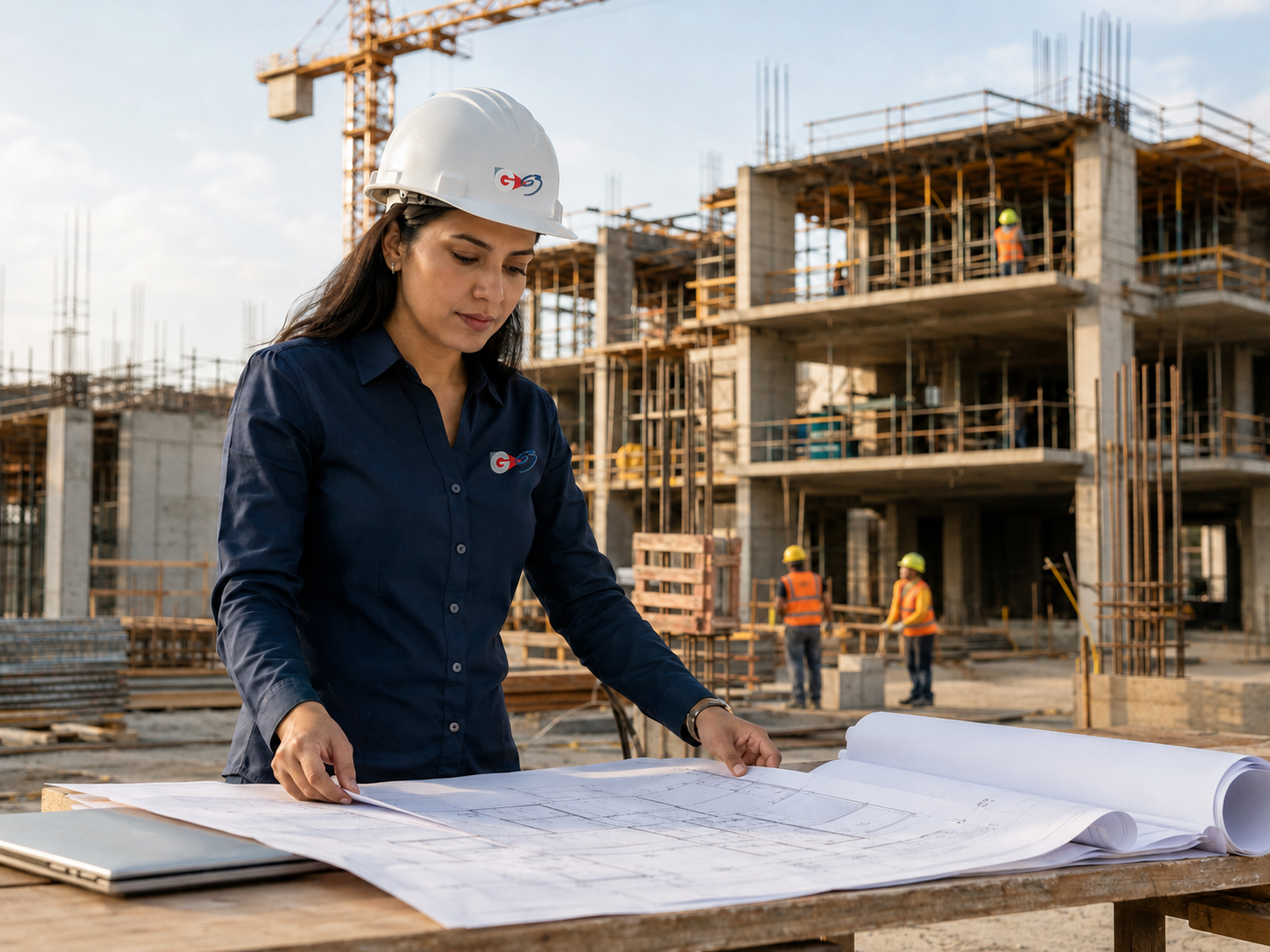 Profesional revisando planos frente a una obra en construcción